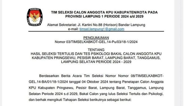 Surat pengumuman 20 besar seleksi KPU Tanggamus.