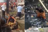 Kolase foto saat tim gabungan membersihkan aliran gorong-gorong Talang Padang.
