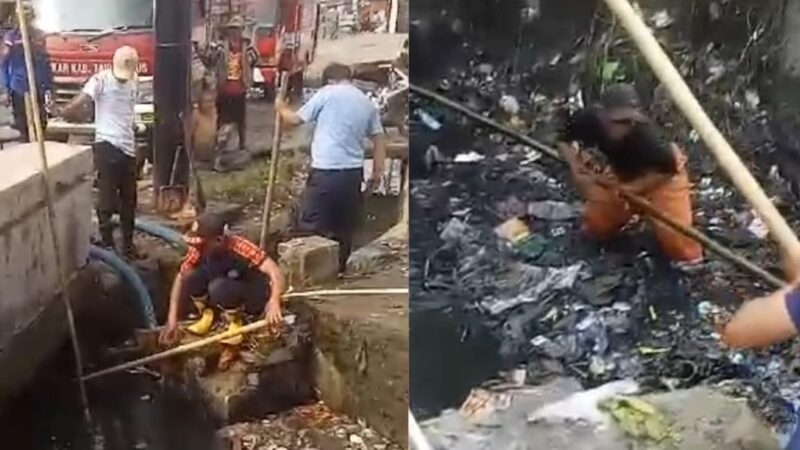 Kolase foto saat tim gabungan membersihkan aliran gorong-gorong Talang Padang.