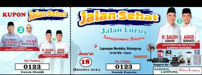 Foto kupon jalan sehat Calon Bupati Tanggamus, Saleh Asnawai - Agus Suranto.