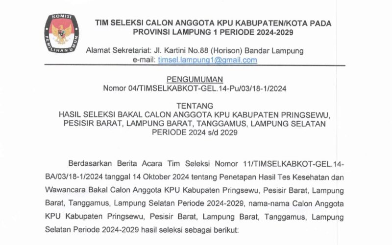 Pengumuman Seleksi KPU Tanggamus.