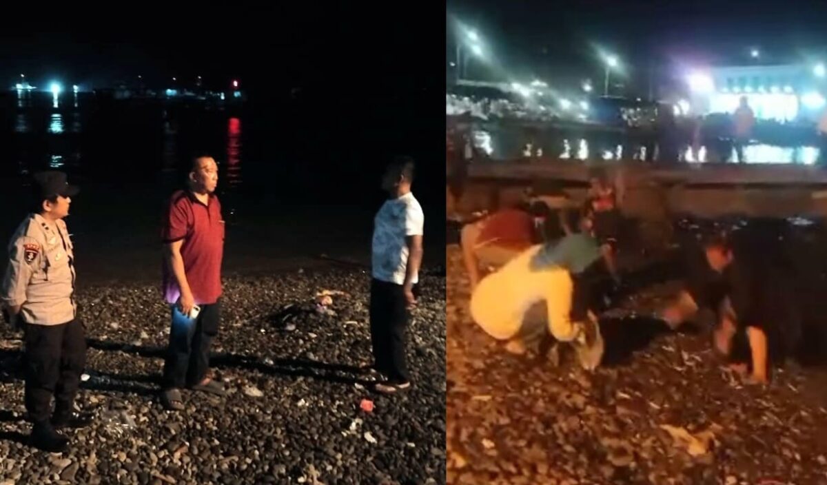 Kolase foto saat kepolisian melakukan identifikasi dan saat warga memunguti ikan-ikan yang naik ke daratan di Pantai Kota Agung, Tanggamus, Selasa 5 Nopember 2024, malam | Herdi/Media Prioritastv.com.