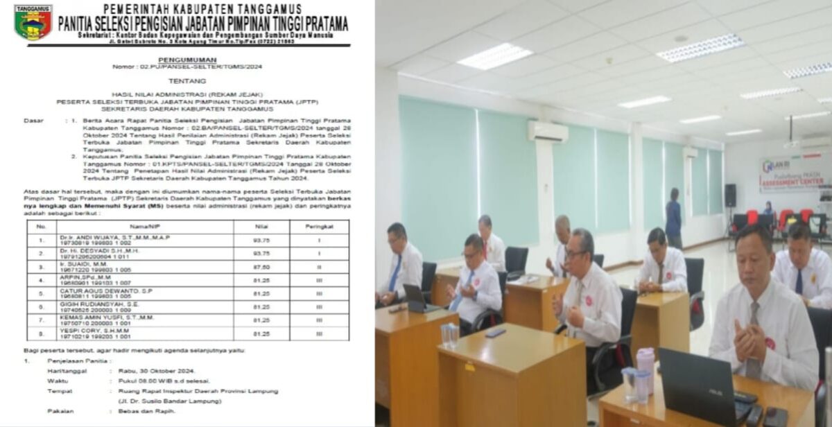 Kolase foto pengumuman awal Selter Sekda Tanggamus dan saat peserta melaksanakan doa dalam rangkaian kegiatannya.