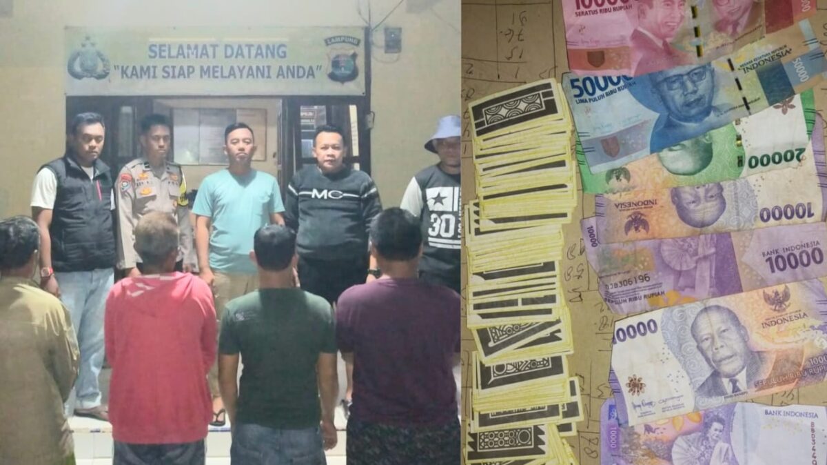 Kolase foto keempat tersangka dan barang bukti perjudian yang diamankan polisi.