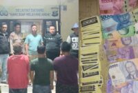 Kolase foto keempat tersangka dan barang bukti perjudian yang diamankan polisi.