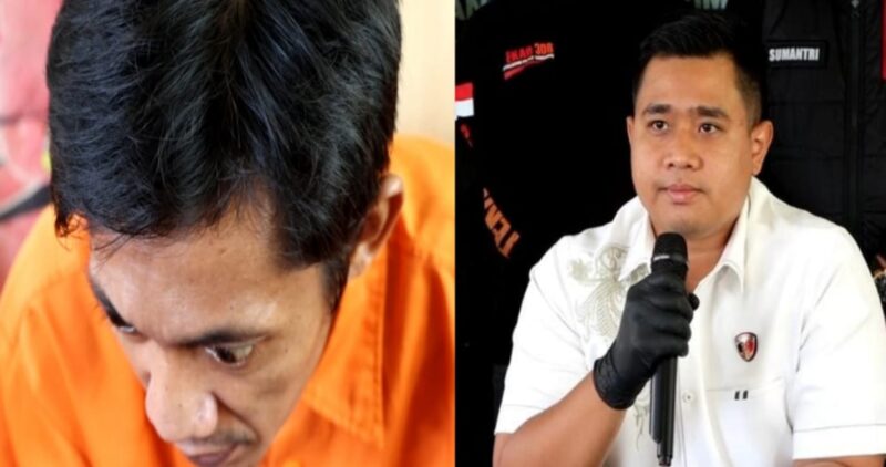 Kolase foto tersangka Ahmad Sulki saat memberikan keterangan dan Kasat Reskrim Polres Tanggamus AKP Muhammad Jihad Fajar Balman dalam sesi penjelasan konferensi pers di Mapolres setempat, Sabtu 16 November 2024 | Herdi/Media Prioritastv.com.