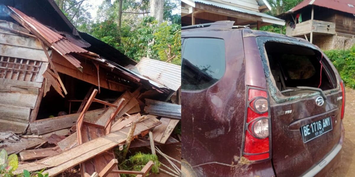Kolase foto rumah dan mobil warga yang dirusak gajah liar di Dusun Talang Sindang, Kecamatan Bandar Negeri Suoh.