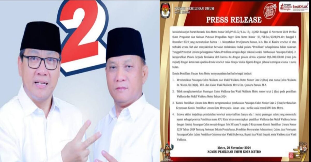 Kolase foto pasangan nomor urut 2 Pilwakot Metro, Wahdi - Qomaru dan press release KPU Metro di Instgramnya, Rabu 20 November 2024.