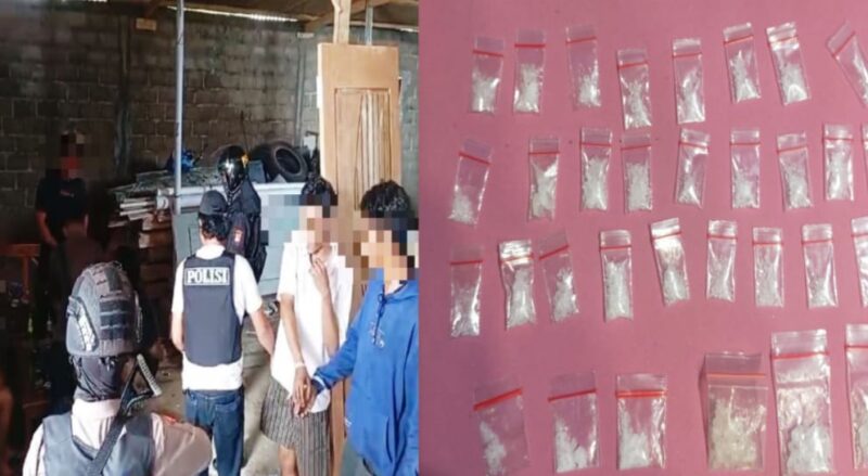 Kolase foto saat penggerebekan dan barang bukti yang diamankan Polres Lampung Tengah.