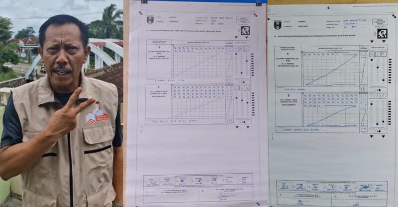 Kolase foto jubir pasangan 02 Pilkada Tanggamus dan perolehan suara di sejumlah TPS yang beredar, Rabu 27 November 2024, sore.