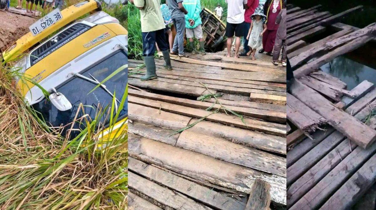 Kolase foto truk terperosok dan kondisi jembatan yang memprihatinkan di Petay Kayu, Ulu Belu, Tanggamus, Kamis 28 November 2024.