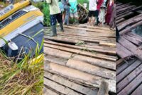 Kolase foto truk terperosok dan kondisi jembatan yang memprihatinkan di Petay Kayu, Ulu Belu, Tanggamus, Kamis 28 November 2024.