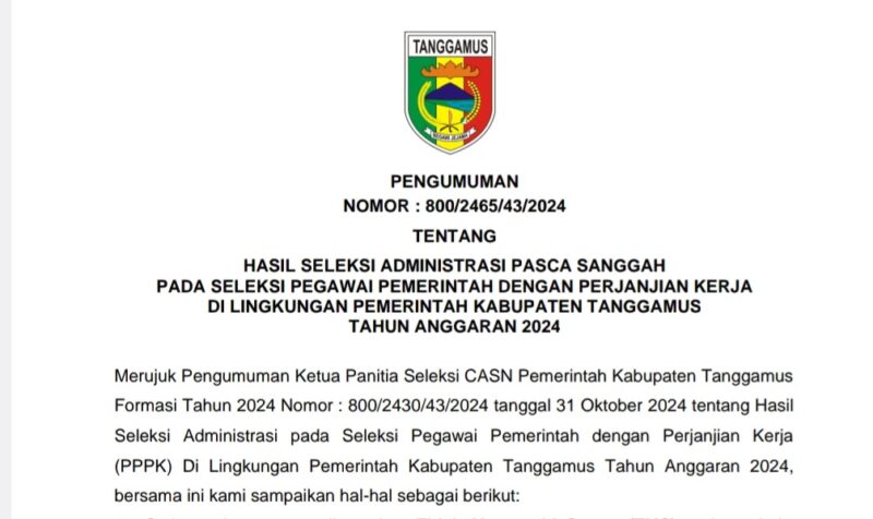 Pengumuman Paska Masa Sanggah PPPK 2024 Kabupaten Tanggamus.