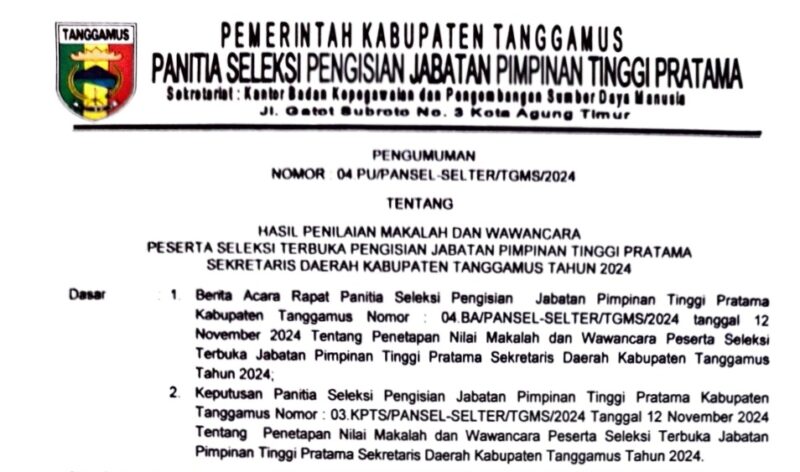 Pengumuman Selter JPTP Sekda Tanggamus, Nomor 04 PU/PANSEL-SELTER/TGMS/2024 tanggal 12 November 2024 | Dok. tanggamus.go.id