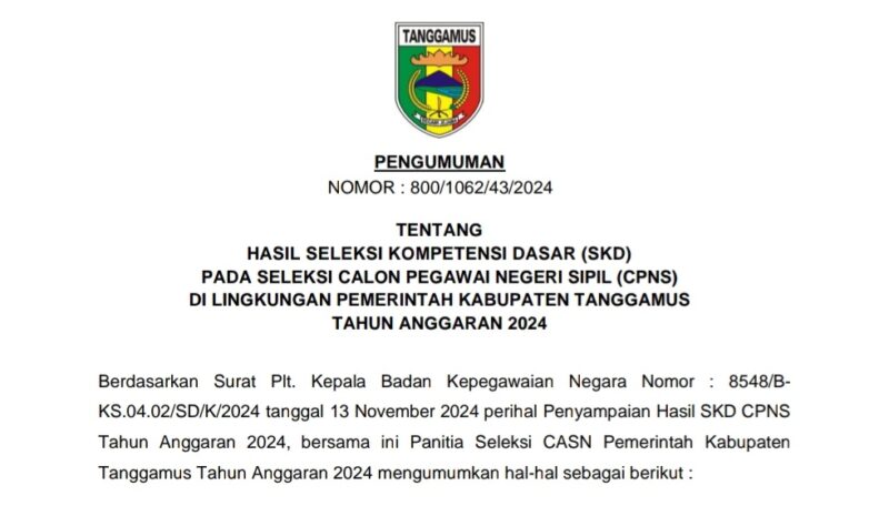 Pengumuman SKD CPNS 2024 Tanggamus | Dok. tanggamus.go.id.