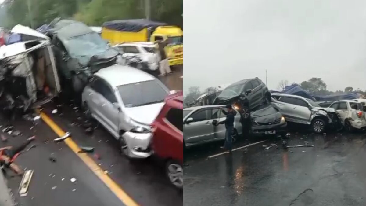 Kendaraan bertumpuk saling tindih usai kecelakaan di tol Purbaleunyi, Jawa Barat Senin 12 November 2024.