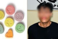 Kolase foto ilultrasi Extacy dan tersangka yang ditangkap Polisi.