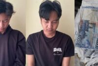 Kolase foto dua tersangka peredaran uang palsu dan barang bukti yang belum digunakan tersangka.