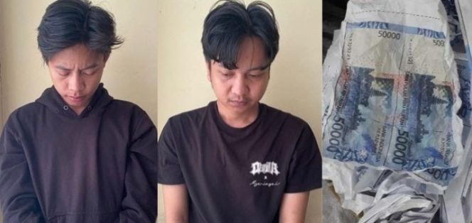 Kolase foto dua tersangka peredaran uang palsu dan barang bukti yang belum digunakan tersangka.