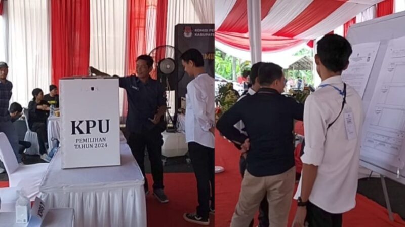 Kolase foto simulasi pemungutan dan perhitungan suara KPU Tanggamus di Islamic Center Kota Agung, Senin 18 November 2024 | Herdi/Media Prioritastv.com.