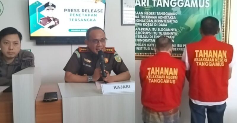 Kolase foto Kajari Tanggamus Adi Fakhruddin saat memimpin Konferensi Pers dan kedua tersangka yang dihadirkan, Kamis 21 November 2024 | Herdi/Media Prioritastv.com.