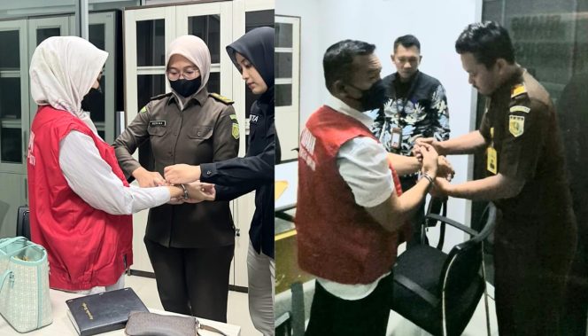 
 Kedua tersangka saat diborgol penyidik Kejari Pringsewu selanjutnya ditahan di Rutan Kota Agung, Senin 2 Desember 2024 | Dok. Kejari Pringsewu.