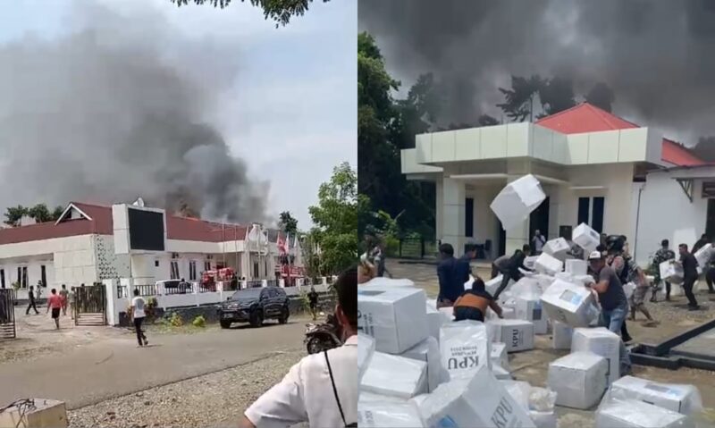 Kolase foto saat asap membumbung tinggi di Kantor KPU Morowali dan saat petugas mengeluarkan kotak suara dari dalam gedung, Selasa 3 Desember 2024, siang.