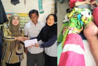 Kolase foto penyerahan Donasi oleh Kepala SMAN 1 Kota Agung, Ratna Uli kepada keluarga Dimas, Jumat 6 Desember 2024 dan kondisi Dimas sebelum mendapatkan perawatan RS | Herdi/Media Prioritastv.com.