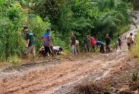 Masyarakat SP 4 Pekonmon, Kecamatan Ngambur, Kabupaten Pesisir Barat saat bergotong royong memperbaiki jalan rusak, Jumat 6 Desember 2024 | Suroso/Media Prioritastv.com.