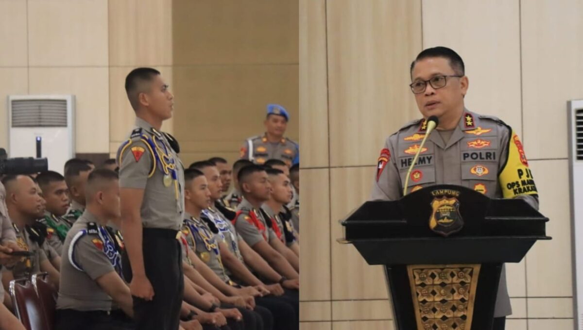 Kolase foto saat Siswa Bintara Polri Polda Lampung mendengarkan arahan dan saat Kapolda Lampung Irjen Pol Helmy Santika memberikan pesan tegas di SPN Polda Lampung, Sabtu 7 Desember 2024 | Dok. Humas Polda Lampung.