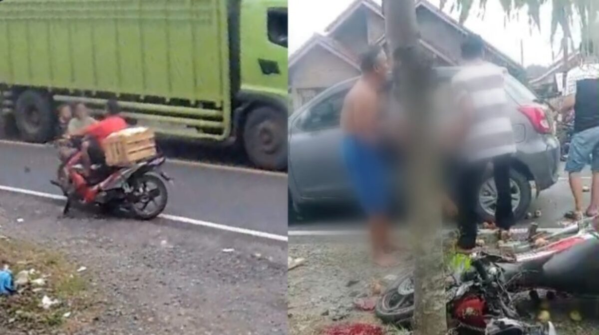Kolase foto detik-detik tabrakan di Jalinbar Kota Batu Kota Agung dan saat evakuasi korban kecelakaan tersebut, Sabtu 7 Desember 2024, sore | Tangkapan Layar.