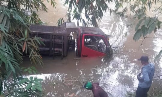 Kondisi mobil dump truk yang berada di dalam suangi usai terjun bebas di turunan Tanjakan Lubuk Gajah Pekon Datar Lebuay Kecamatan Air Naningan Kabupaten Tanggamus, pada Minggu 8 Desember 2024, sore | Dok. Istimewa.