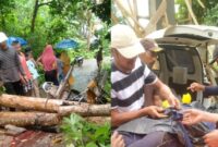 Kolase foto kendaraan bermuatan kayu yang dibawa korban dan saat korban dievakuasi menggunakan mobil ambulance, Minggu 8 Desember 2024.