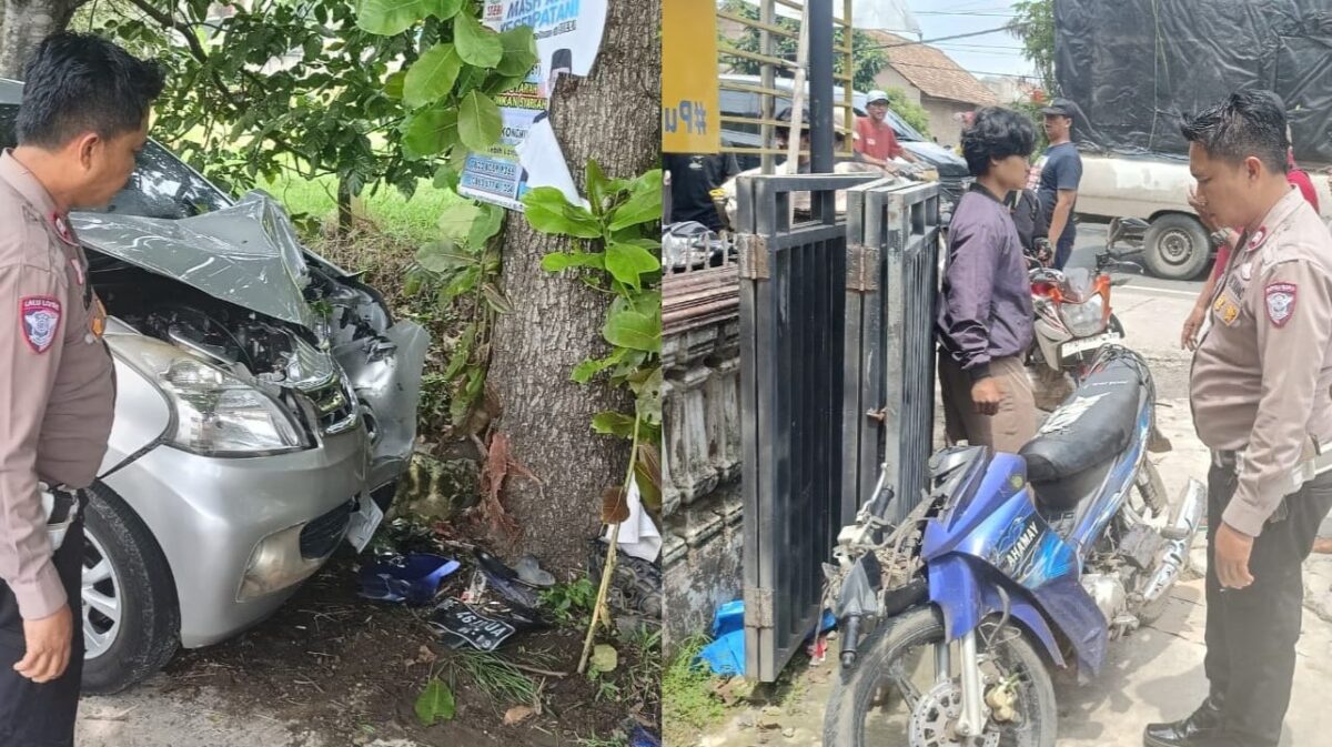 Kolase foto minibus avanza menabrak pohon usai menabrak sepeda motor (kanan) di Jalan Raya Fajaresuk, Pringsewu, Lampung, Sabtu 28 Desember 2024 | Dok. Humas Polres Pringsewu.