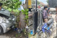 Kolase foto minibus avanza menabrak pohon usai menabrak sepeda motor (kanan) di Jalan Raya Fajaresuk, Pringsewu, Lampung, Sabtu 28 Desember 2024 | Dok. Humas Polres Pringsewu.