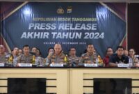 Kapolres Tanggamus AKBP Rivanda didampingi para pejabat utama dan Kapolsek jajaran saat menggelar konferensi pers di Aula Paramasatwika, Selasa 31 Desember 2024 | Herdi/Edi Hidayat/Media Prioritastv.com.