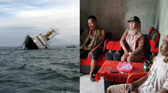 Kolase foto ilustrasi kapan nelayan tenggelam dan dua korban yang dikunjungi Lurah Pasar Madang, Kota Agung, Tanggamus, Senin 2 Desember 2024 | Herdi/Media Prioritatv.com.