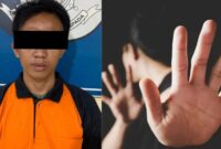 Kolase foto tersangka HD setelah ditangkap polisi dan ilustrasi pelecehan IRT Lampung Tengah.