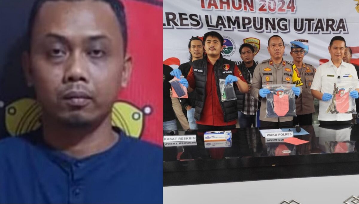 Kolase foto tersangka dan saat polisi melakukan konferensi pers di Mapolres Lampung Utara, Senin 9 Desember 2024.