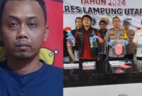 Kolase foto tersangka dan saat polisi melakukan konferensi pers di Mapolres Lampung Utara, Senin 9 Desember 2024.