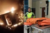 Kolase foto bus terbakar paska kecelakaan dan korban meninggal di Puskesmas Lemong, Pesisir Barat, Kamis 12 Desember 2024.