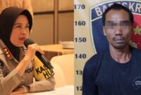 Kolase foto Kabid Humas Polda Lampung saat memberikan keterangan dan tersangka Tunggul yang berhasil ditangkap polisi.