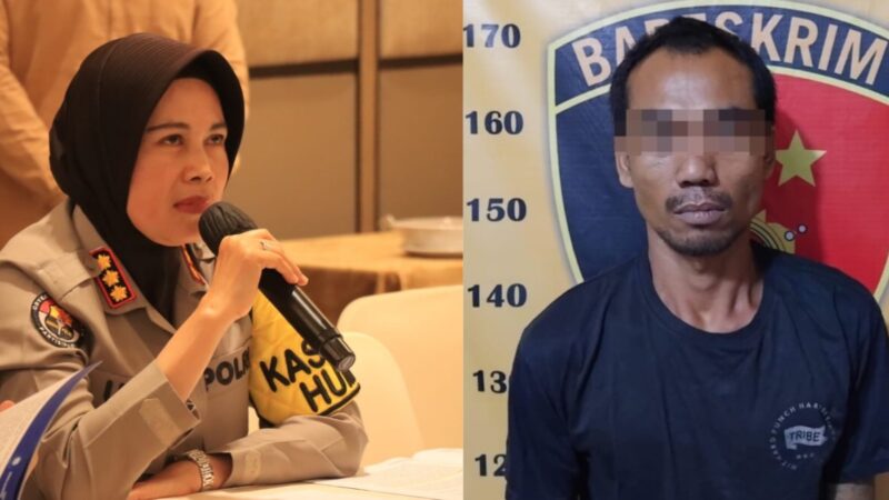 Kolase foto Kabid Humas Polda Lampung saat memberikan keterangan dan tersangka Tunggul yang berhasil ditangkap polisi.