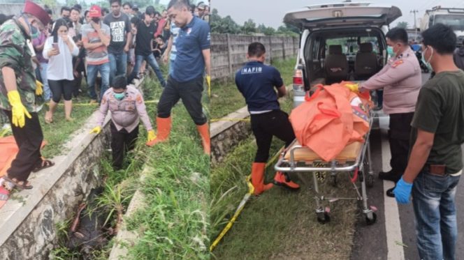 Kolase foto saat evakuasi korban Tamrin di parit pinggir jalan raya Desa Gedung Dalam, Batanghari Nuban, Lampung Timur, Minggu 15 April 2024, siang | Dok. Humas Polres Lampung Timur.
