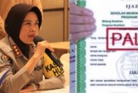 Kolase foto saat Kabid Humas Lampung Kombes Umi Fadilah dan ilustrasi ijazah palsu.