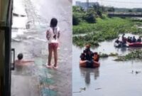 Kolase foto saat balita hanyut di selokan dan saat ditemukan oleh tim gabungan Jumat, 27 Desember 2024, sore.