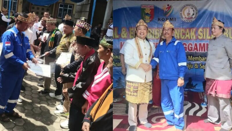 Kolase Foto Ketua Granat Tanggamus Agus Ciek saat menyerahkan penghargaan dan saat foto bersama Ketua KORMI Tanggamus Hilman, S.H., Sabtu 28 Desember 2024.