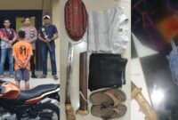 Kolase foto tersangka setelah ditangkap polisi, barang bukti dan korban yang mengalami luka bacok dibagian pinggang, Rabu 1 Januari 2025 | Herdi/Media Prioritastv.com.