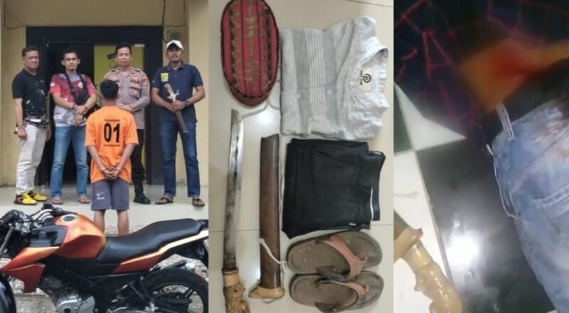 Kolase foto tersangka setelah ditangkap polisi, barang bukti dan korban yang mengalami luka bacok dibagian pinggang, Rabu 1 Januari 2025 | Herdi/Media Prioritastv.com.