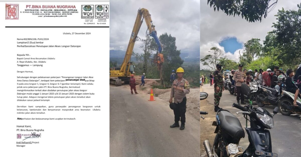 Kolase foto surat pemberitahuan PT BBN dan saat petugas kepolisian melakukan pengamanan jalan di Pekon Datarajan, Ulu Belu, Tanggamus, Minggu 5 Januari 2025 | Dok. Istimewa/Mustar Arifin/Media Prioritastv.com.
